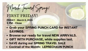 Bootery Boutique advertisement promoting their spring travel sale and spring punch cards for 2026.
