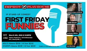 Advertisement for First Friday Funnies at Improve Playhouse for 2026.